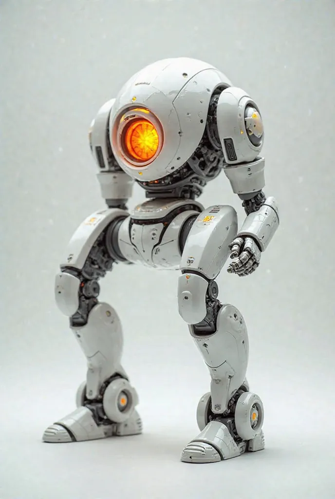 white biped robot with an orange spider-shaped core in its belly to be controlled