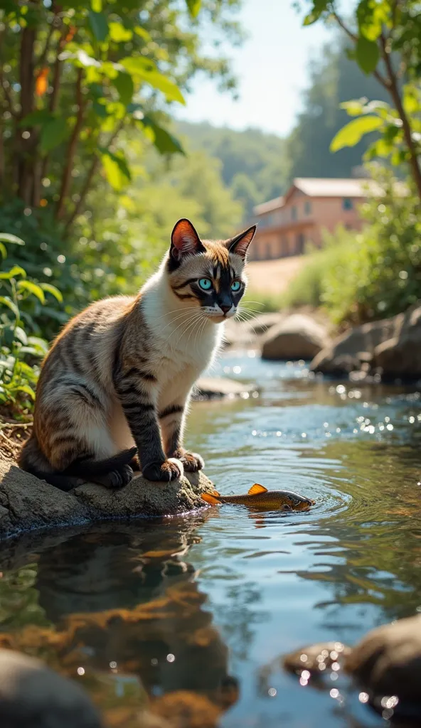 A smart brown-and-white cat with sharp blue eyes stands on a rock by a small river, surrounded by a dense jungle. It skillfully scoops a fish out of the clear water with its paw. Sunlight filters through the leaves, creating a shimmering effect. In the dis...