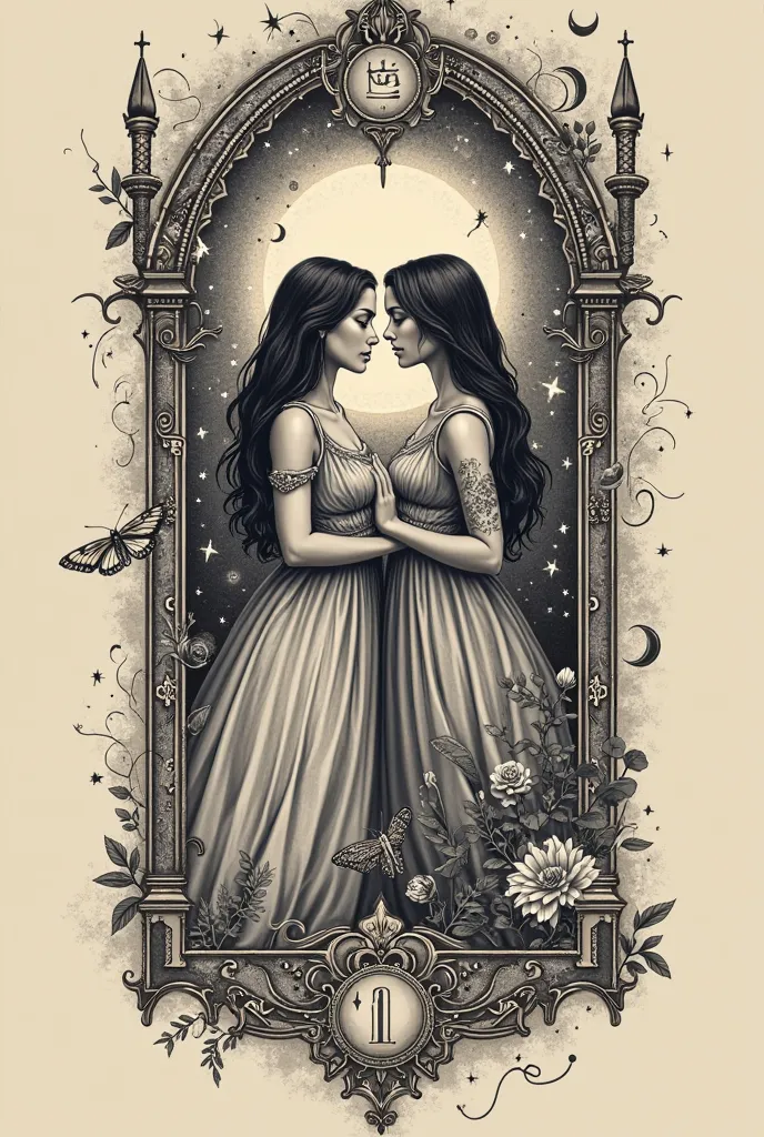 

1. Central Feature – the lovers tarot card with two girls in love. 
	•	A large, detailed tarot card at the upper arm or forearm serves as the focal point.
	•	The card is surrounded by delicate gothic filigree, resembling the intricate carvings of cathedr...