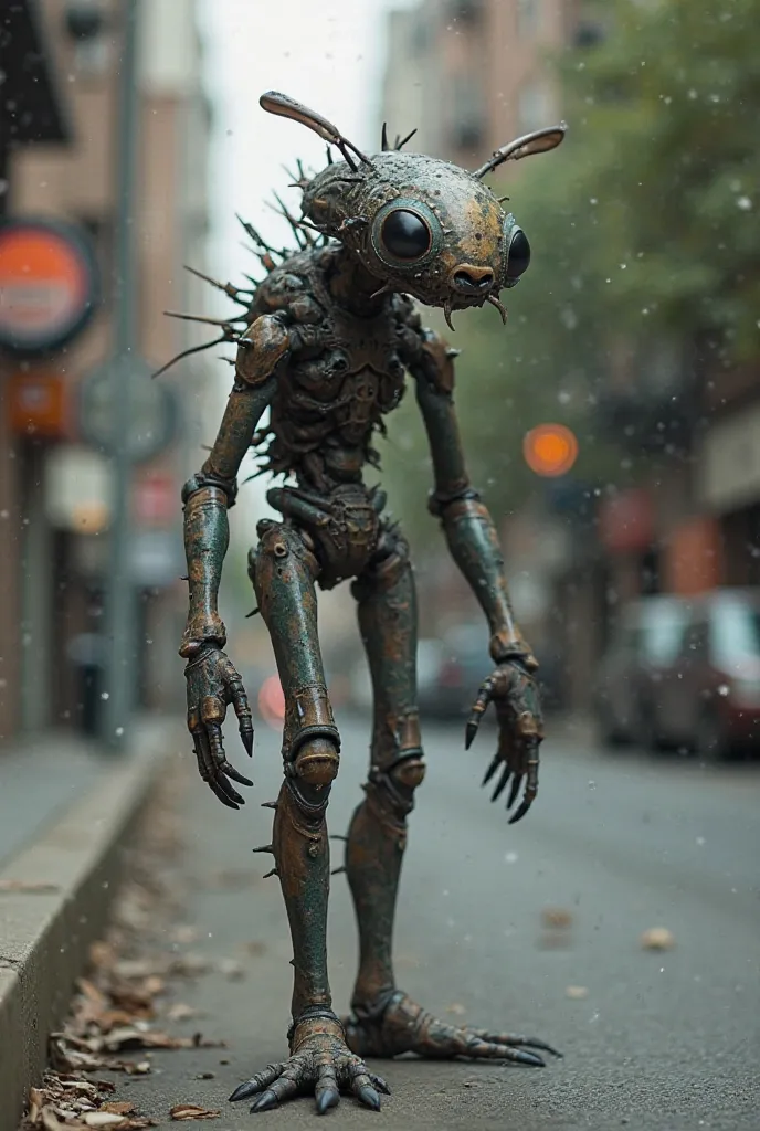 Help me make an image. A new species that looks inhuman. It lives in an urban city habitat. It is a detritivore that eats decaying organic material. It reproduces external fertilization. It is limbless and has no arms or legs. They have a hard exoskeleton....