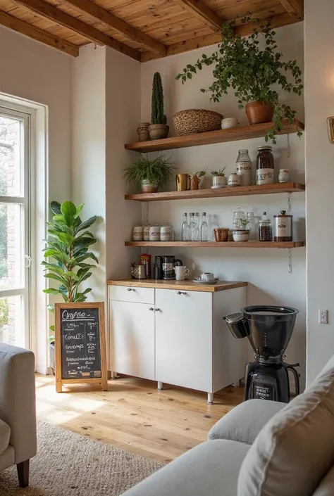 Coffee corner shelf extension of the ceiling structure
