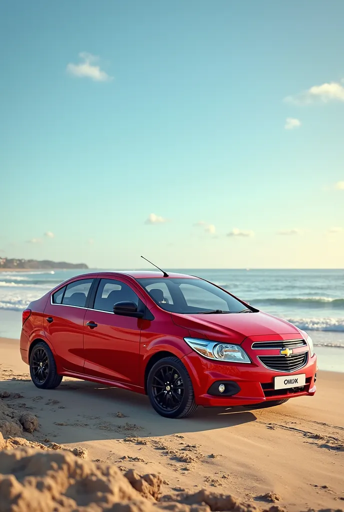 Chevrolet Onix 2015 red with black wheels on the beach 