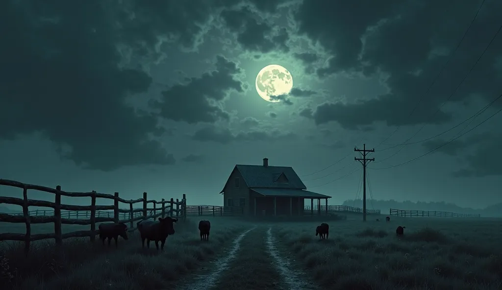 a farm with a house with wooden fences on a full moon and several cattle on a terrifying night 