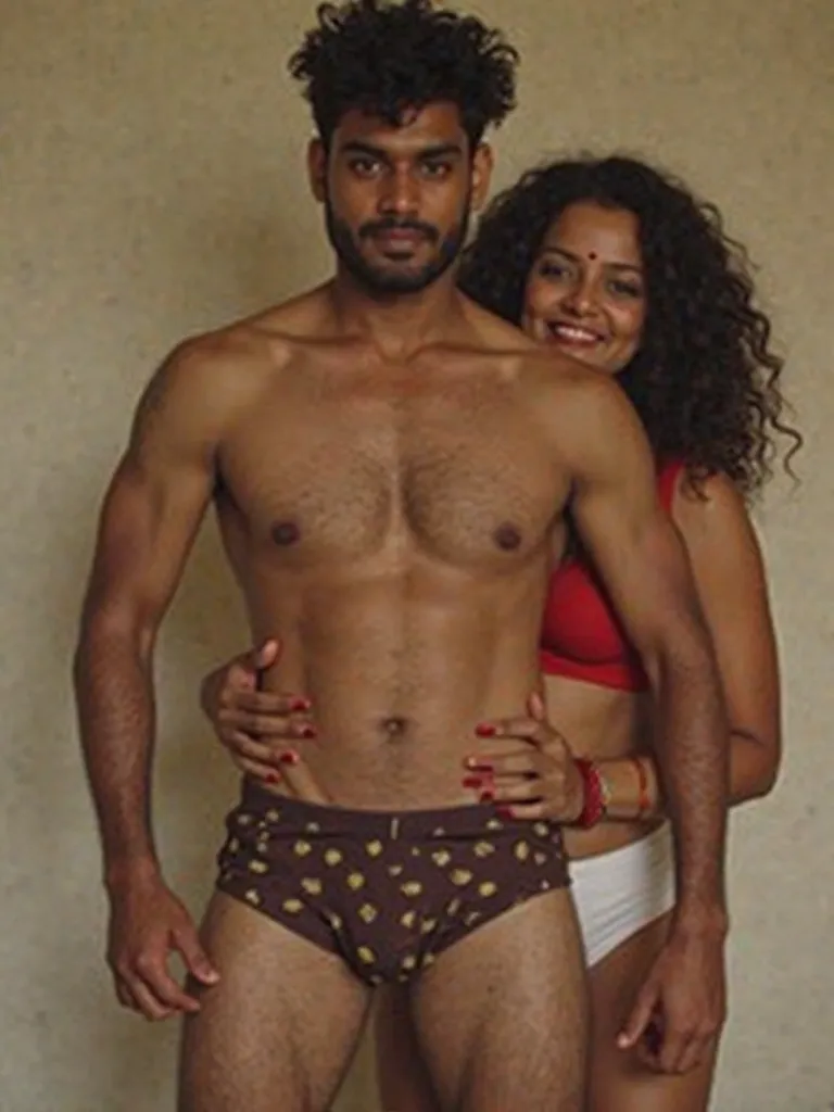 A 20 year old  young indian man. He is wearing his mothers panty. The panty is darkbrown in colour. The panty has small small yellow floral dots in it.big bulge inside panty. The man is wearing the panty. A hot 40 year old voluptous hindu mother  who is we...