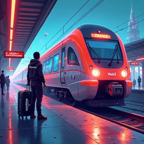 A digital illustration of a futuristic high-speed train departing from a station, symbolizing progress and innovation in Web3 technology. The train is labeled with countries like "USA," "Switzerland," and "Dubai"—representing leading nations in blockchain ...