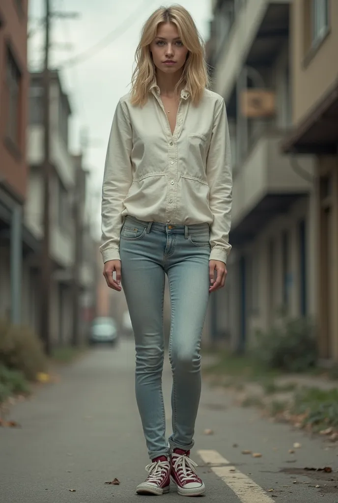 Full-length image - medium height 23 year old girl, American woman, white, she has blond hair below her ears, light green eyes, на ней обтягивающая white майка без рукавов, light skinny jeans and dark red converse. She's a zombie apocalypse survivor. She h...