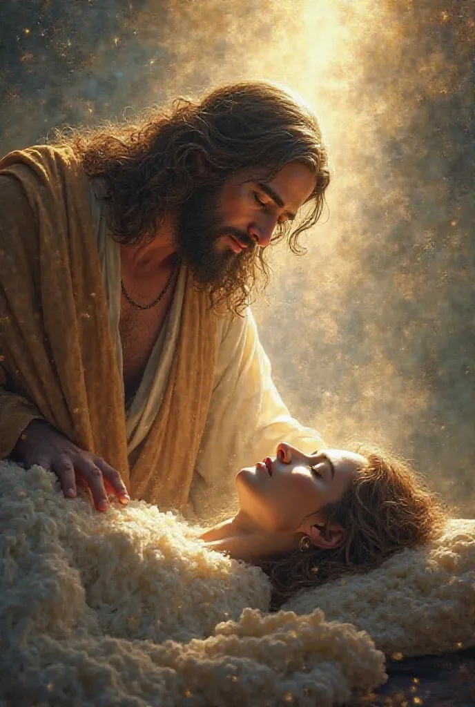 jesus, looking at a person resting under a heavenly light