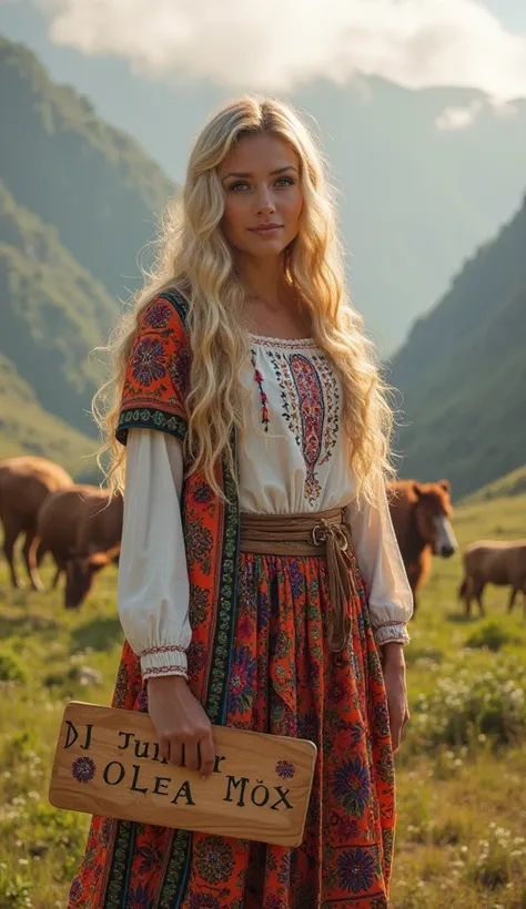 A beautiful Nordic blonde woman with light-colored eyes, dressed in a more form-fitting traditional Venezuelan attire, standing gracefully in a picturesque Andean landscape. She has long, flowing golden hair, striking blue or green eyes, and a radiant smil...