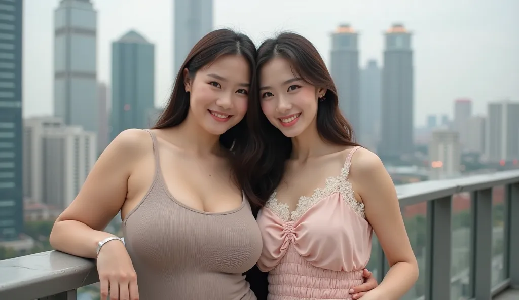 Two young Asian women, mid-20s with voluptuous very xxxxl huge breasts over 400 cm in circumference. The woman on the left wears a light taupe, ribbed tank top. The woman on the right wears a pale, rose-pink, sleeveless top with a delicate lace trim and ga...