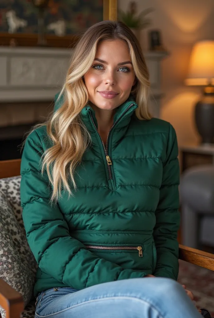 

This is an close up picture of a woman wearing a green half zip lined cozy puffer sweatshirt, zipper down,and a belly pocket accented by a horizontal zipper.She has long blonde hair styled in loose waves, her blue-grey eyes, and lovely smile gives her a ...