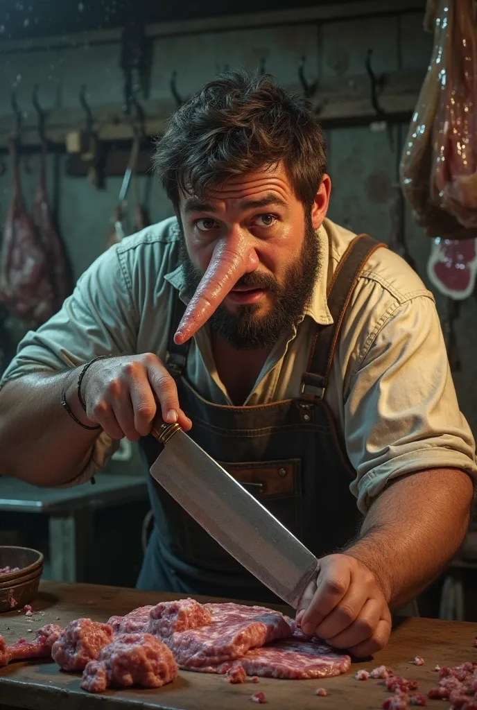 Image of a young man butcher with a very large nose where he sharpens his knife the butcher knife on his nose