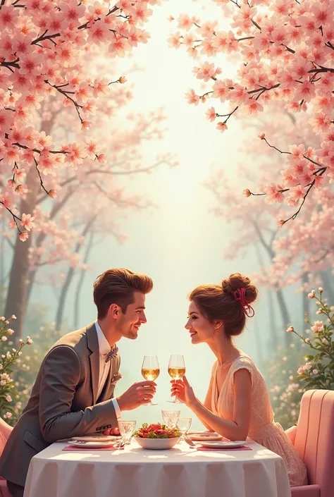 “Spring atmosphere with delicate flowers and light breeze. The background is decorated in pastel colors with blooming trees and soft sunlight. At the center of the design are two people ( man and woman are having dinner) in elegant, creating a festive mood...