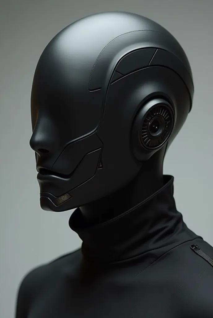 Design a futuristic, minimalist sci-fi mask for a male DJ. The mask should have a clean, sleek look with smooth, geometric lines. The material should appear high-tech, like matte black or dark metallic, and it should fit snugly over the nose and mouth area...