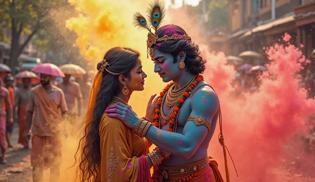 Lord Krishna applying holi colors on Radha in Mathura  HD,8K