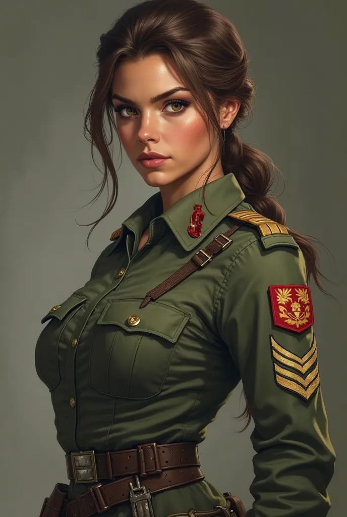 A beautiful female soldier in uniform and firm expression with brown hairs and hazel eyes tan skin