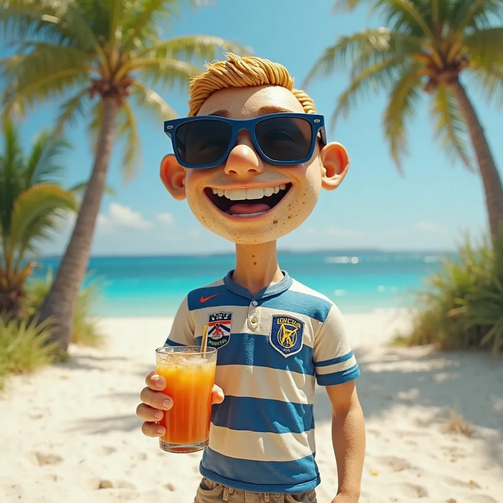 Create a 3d-like character from a rolled flour tortilla, with a big smile and wearing dark sunglasses. He's wearing a shirt from the Honduras soccer team, with the colors blue and white. The shot is in a cool and relaxed environment, surrounded by palm tre...