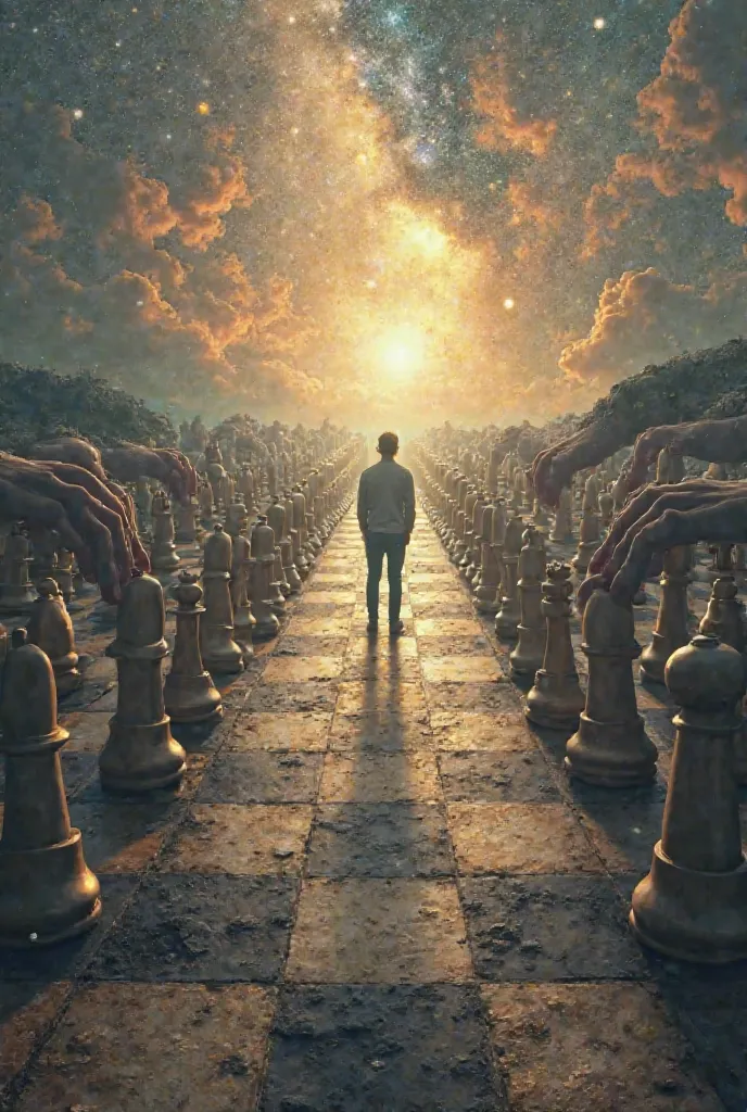 A person standing on a massive cosmic chessboard. Around them, giant hands are moving the pieces, yet the person believes they are in control. The chessboard stretches endlessly into the horizon, symbolizing an invisible game governing reality.