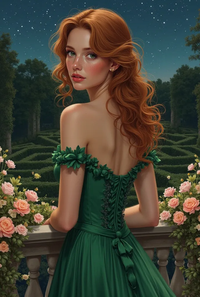 Girl. Realistic. Light Auburn hair, green eyes, freckles over her nose. A dimple on her right cheek. High cheekbones, full lips. Tall and slender. Soft curls. Royal green dress.  Very beautiful. Strikingly so. Divine almost. Standing on a balcony filled wi...