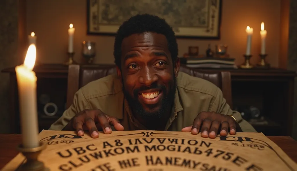 A young black man with short hair and brown eyes laughs nervously, STARING UP FROM THE TABLE AT A OUIJA board with concern. In the background, candles flicker as if something is blowing. The room has a slight sepia tone. Photorealistic, —16:9