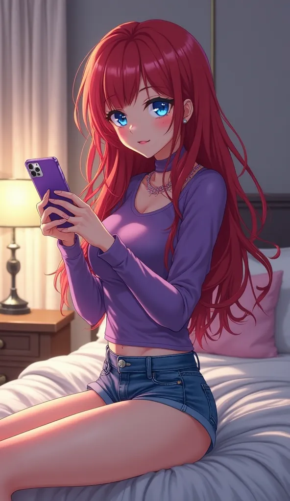  a blue-eyed woman , red hair, big breasts,  thin waist, wearing a purple long-sleeved shirt and short denim shorts, sitting on the edge of the bed, Touching the cell phone with a purple cover, cute and delicate face,  long wavy hair over the shoulders , i...