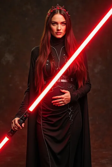 A woman with long, straight, dark red hair and the bright, intense yellow Sith eyes typical of Star Wars. She looks like Natalie Portman. She wears an elegant black dress, inspired by Padmé Amidala's outfits, with luxurious details and a sophisticated desi...