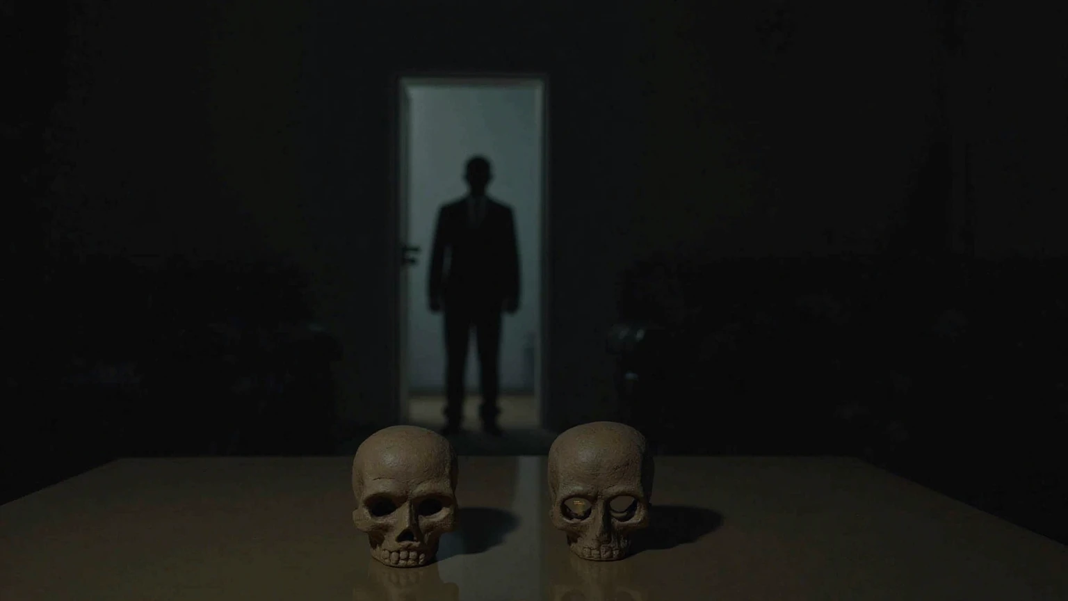 Two small stone skulls standing on a desk in a dark living room, two small stone skulls standing on a table. A door left open at the back, an indistinct shadow under dim light. Things shake slightly, There is a feeling of tension in the room.