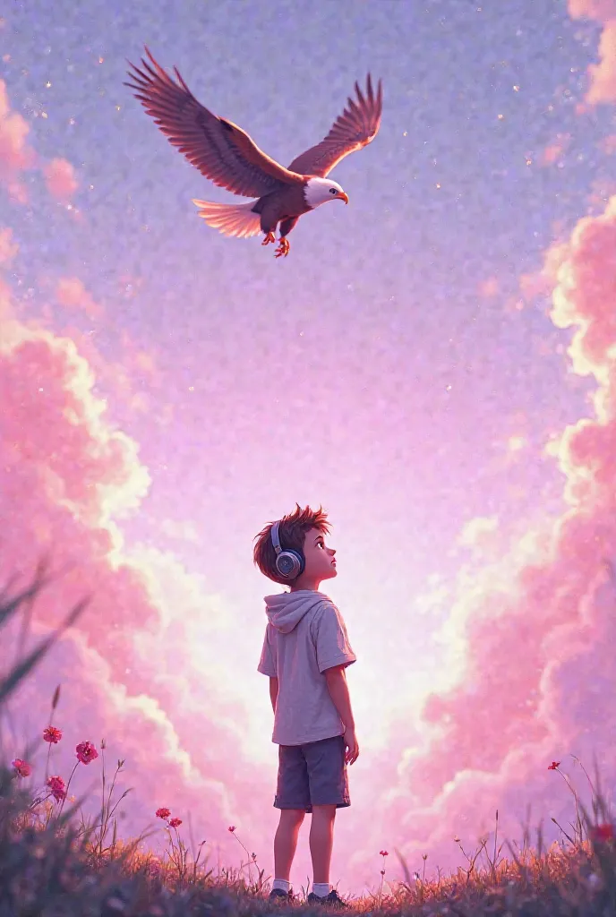 A pink and purple sky with eagle in sky and boy watching them wearing headphone 
