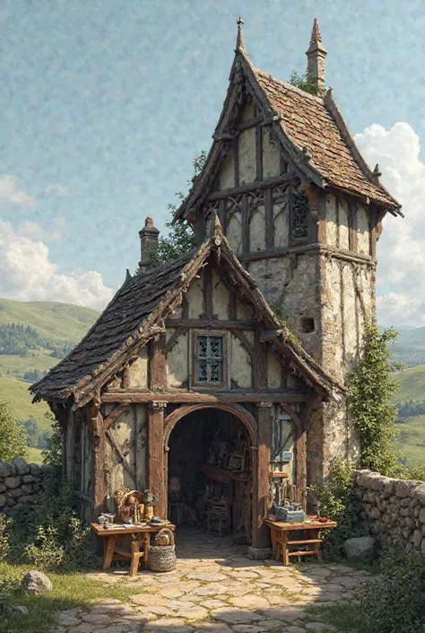 Create the designer outside a small medieval style shed,with a tower connected to it