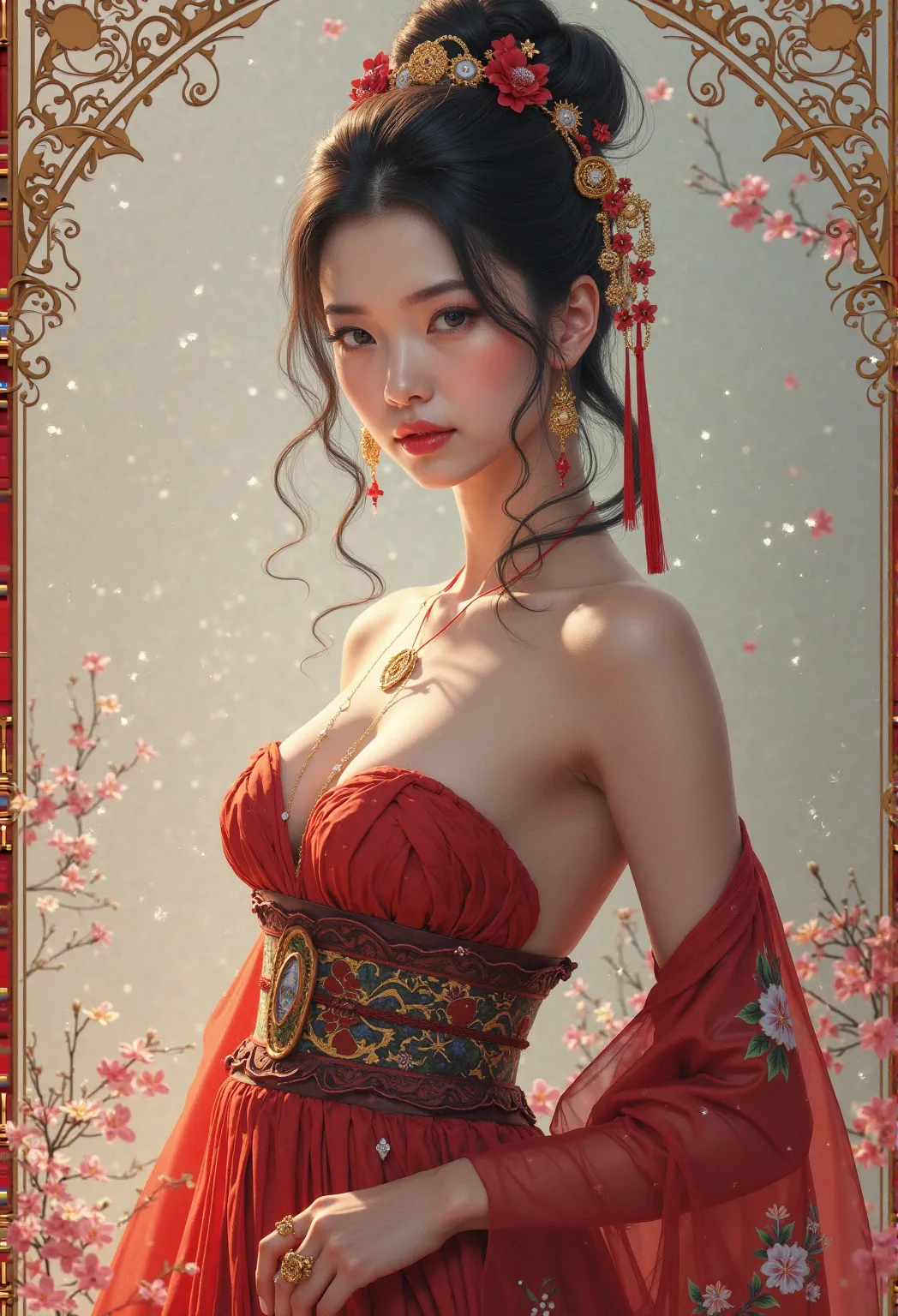 masterpiece, Best Quality, solo focus, (perfect face:1.1), (high detail:1.1), Busty ，Hanfu with an open chest