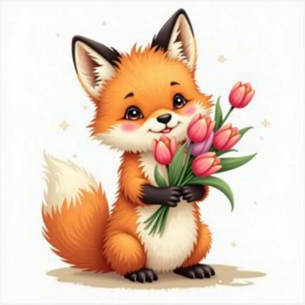 Creat a charming art illustration, A cute Fox holding a tulip flowers bouquet on white background. Highly detailed. It is outlined in black.