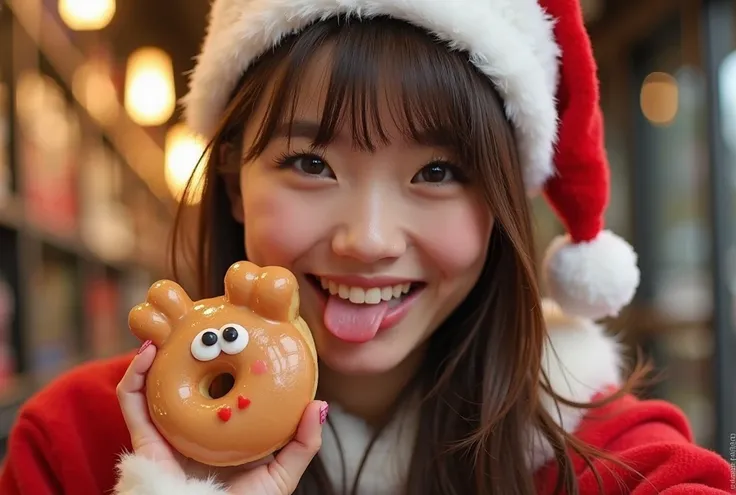 Japanese woman in her early 20s, wearing a Santa Claus costume with white fur trims and a Santa hat, holding a cute reindeer-shaped donut, smiling playfully with her tongue slightly out, large expressive eyes, soft makeup, long straight brown hair with ban...