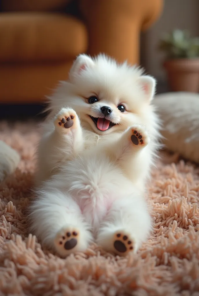 An image of a white baby Pomeranian puppy, Very hairy and funny lying on your back, With my legs up on the carpet, The image must be realistic and cinematic in 4K.