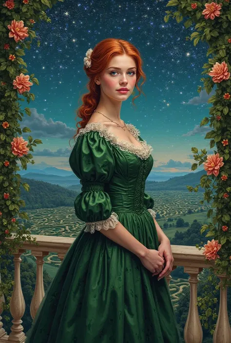 Beautiful young woman with red hair and light eyes wearing a green dress from 1820 on a balcony filled with ivy and flowers. Maze below.  Night, star filled sky