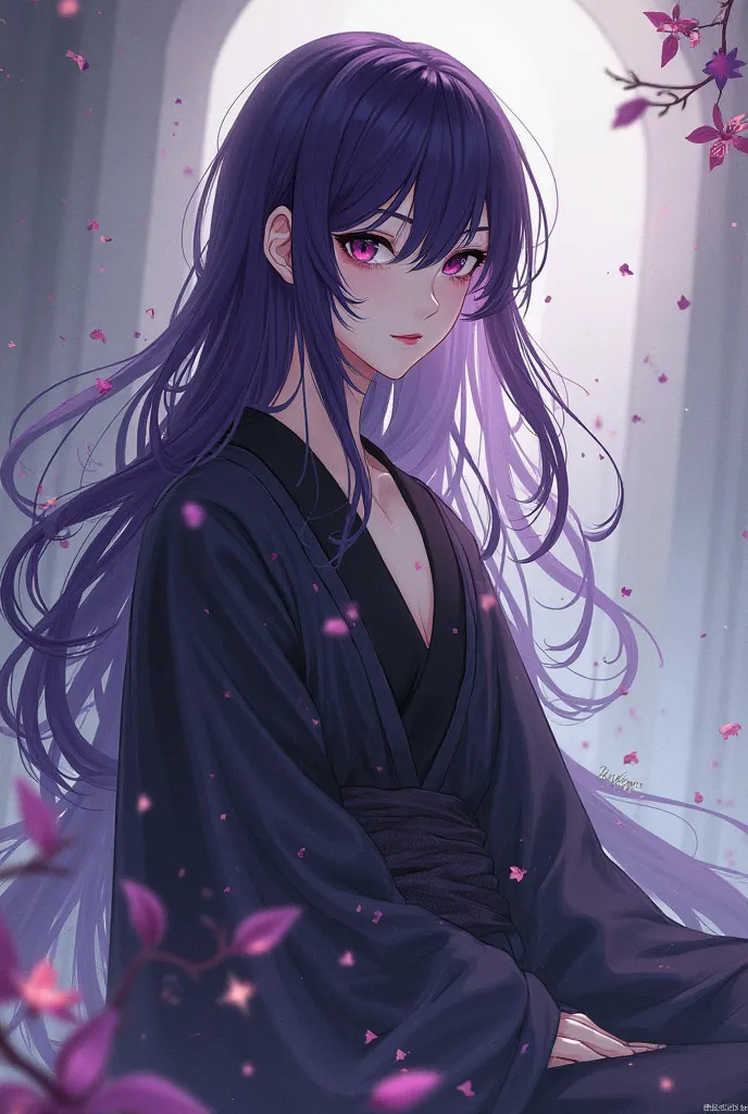 Smart  with dark purple hair, Long and Loose Clothing.  and anime style 