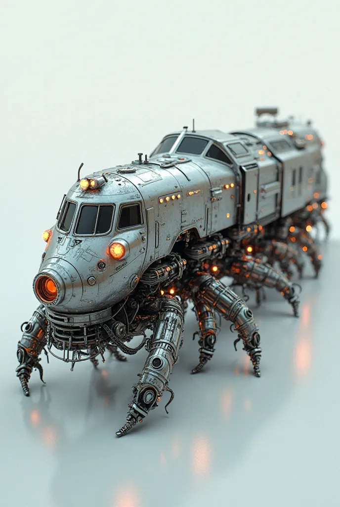 "Create an imaginative hybrid design of a train and a centipede. The body should resemble a train, with sleek metallic surfaces, windows, and carriages, while the back end seamlessly transitions into the segmented, flexible, and many-legged structure of a ...