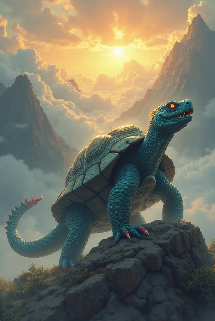 This image is a fantasy-style digital painting featuring a mythical dragon-tortoise hybrid standing on a mountaintop surrounded by clouds. The creature has the body of a tortoise with a massive shell and the head, tail, and limbs of a dragon. It has sharp ...