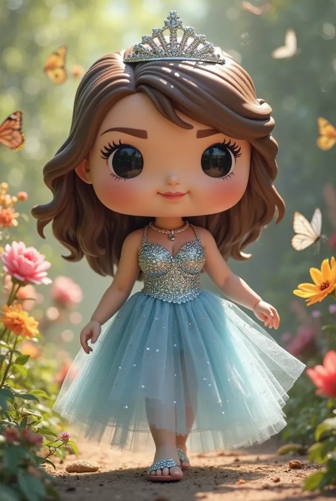 Create funko Pop 3D women's plus size fair skin style, Strapped brown hair and tiara.  Funko pop waist size 96 with a silver-colored dress with baby blue with several layers of transparent tulle with glitter. Relaxed walking in the garden shaking in the fl...