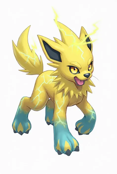 Create for me a Pokemon from the Pokemon series on a white background: 

Evolved Stage: Thunderbite** (Evolves from Voltpup at **Lv. 30 during a thunderstorm** or with a **Thunder Stone**)  
**Type:** Electric/Dark  
**Classification:** Storm Hound  
**Hei...