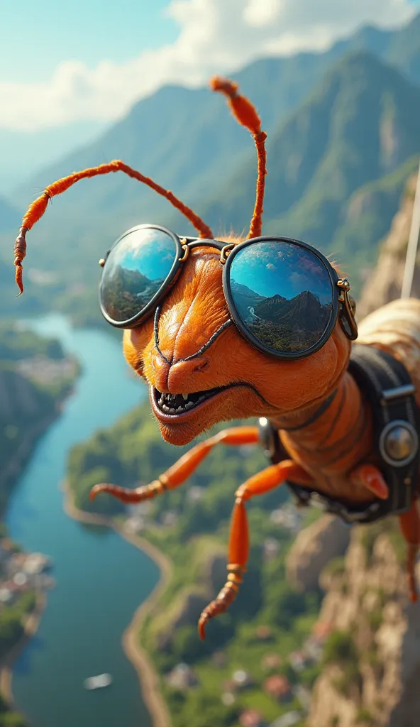 "Create a colorful, energetic, and eye-catching cartoon-style image of a daring ant about to jump out of a plane. The close-up shot focuses on the ant's face, with its tiny aviator sunglasses reflecting a breathtaking view of the world below—lush landscape...