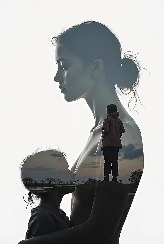 excellent quality, 8K Ultra HD, Beautiful double exposure combining the silhouette of the woman with her daughter and her mother, with details inserted into the woman, with sharp lines, The background is monochrome, sharp focus, double exposure, fantastic ...