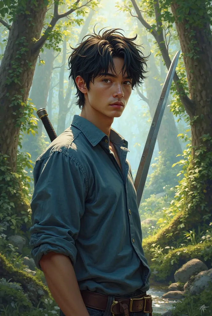 Create a realistic image of a 19-year-old young man, Messy black hair, blue dress shirt, holding a sword in a forest