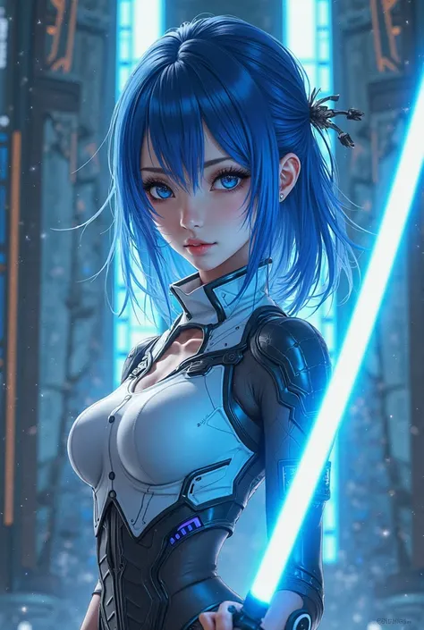 girl,4K anime image ,  28 years old, blue hair clothes, blue eyes, technological clothes white blue and black, blue sword with LEDs on the back , 