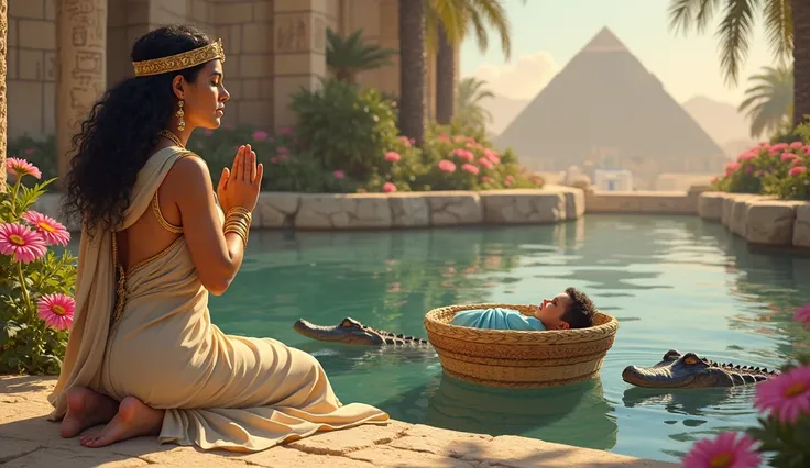 Cleopatra was kneeling on the floor and a straw basket is floating in the river, inside the basket has a blue fabric and there is a baby in the basket, he is sleeping. The basket approaches the edge of the river. There are crocodiles pushing the basket. Cl...