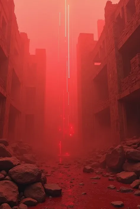 Interfestations of watercolors form destroyed ancient buildings.. There was red fog everywhere. There were cylindrical silver lights coming out of the ground and disappearing in the sky. The image is bloody red and the fog is red covering most of the image