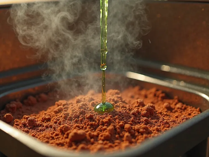 dancing,  8K Ultra HD, extreme sharpness ,  extreme realism. Inside a metal enclosure, Is there a sample of red Martian soil. From a small tube coming from the side of the enclosure, a greenish liquid drips directly onto the ground, releasing some vapors t...