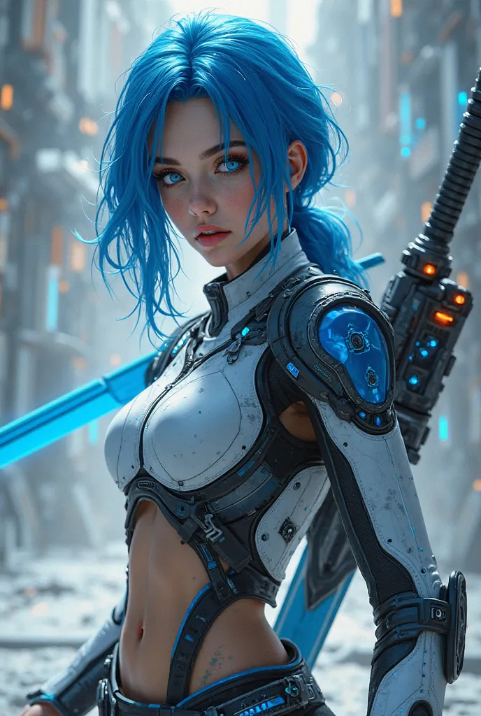 girl,Realistic ,  28 years old, blue hair, blue eyes, technological clothes white blue and black, Blue sword with LEDs sword on the back, 