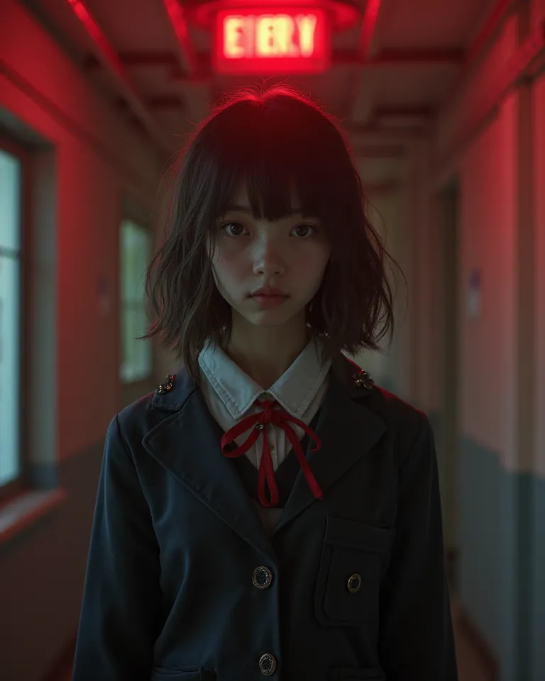 Red emergency light on the ceiling in the background, at the middle age of 16-s, school uniform,  with rivets I want you to create a young girl with , a beautiful girl