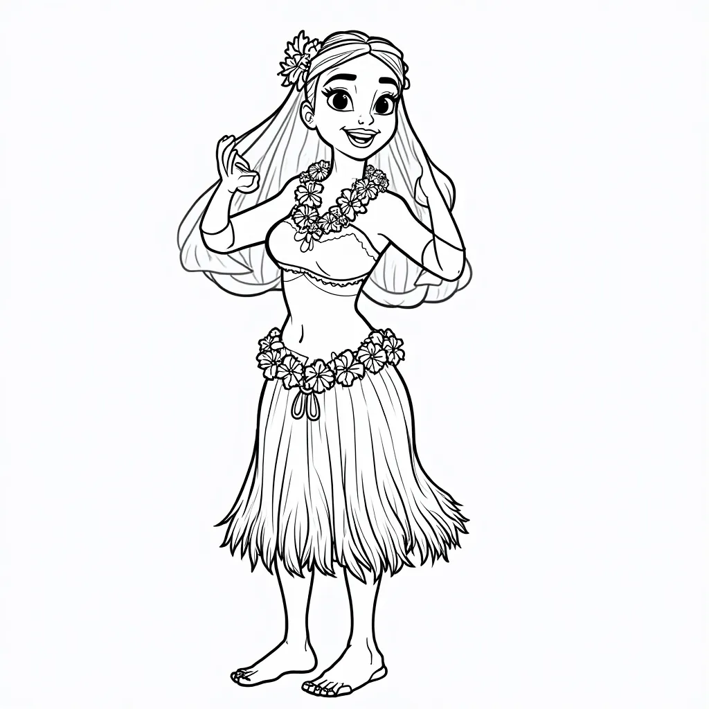 "Generate a line-art drawing of Lilo performing a hula dance. She should wear a traditional grass skirt and a Hawaiian top, with flower leis around her neck and wrists. Her arms should be gracefully positioned in a hula pose, and her facial expression shou...