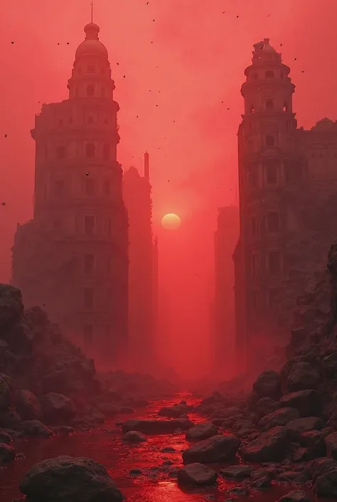 Interfestations of watercolors form destroyed ancient buildings.. There were silver lights coming out of the earth and disappearing in the sky. The image is bloody red and the fog is red covering most of the image