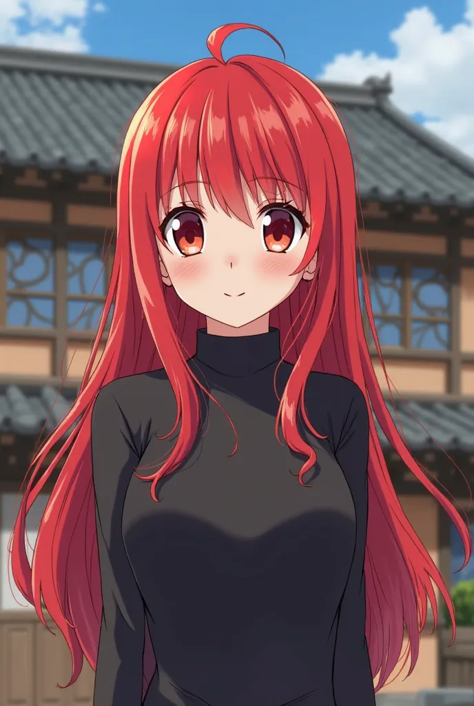 anime girl with red hair and black top standing in front of a house, an anime drawing inspired by Shi Rui, trending on pixiv, shin hanga, she has red hair, anime visual of a cute girl, ryuu, with red hair, an anime girl, glowing crimson head, anime girl wi...